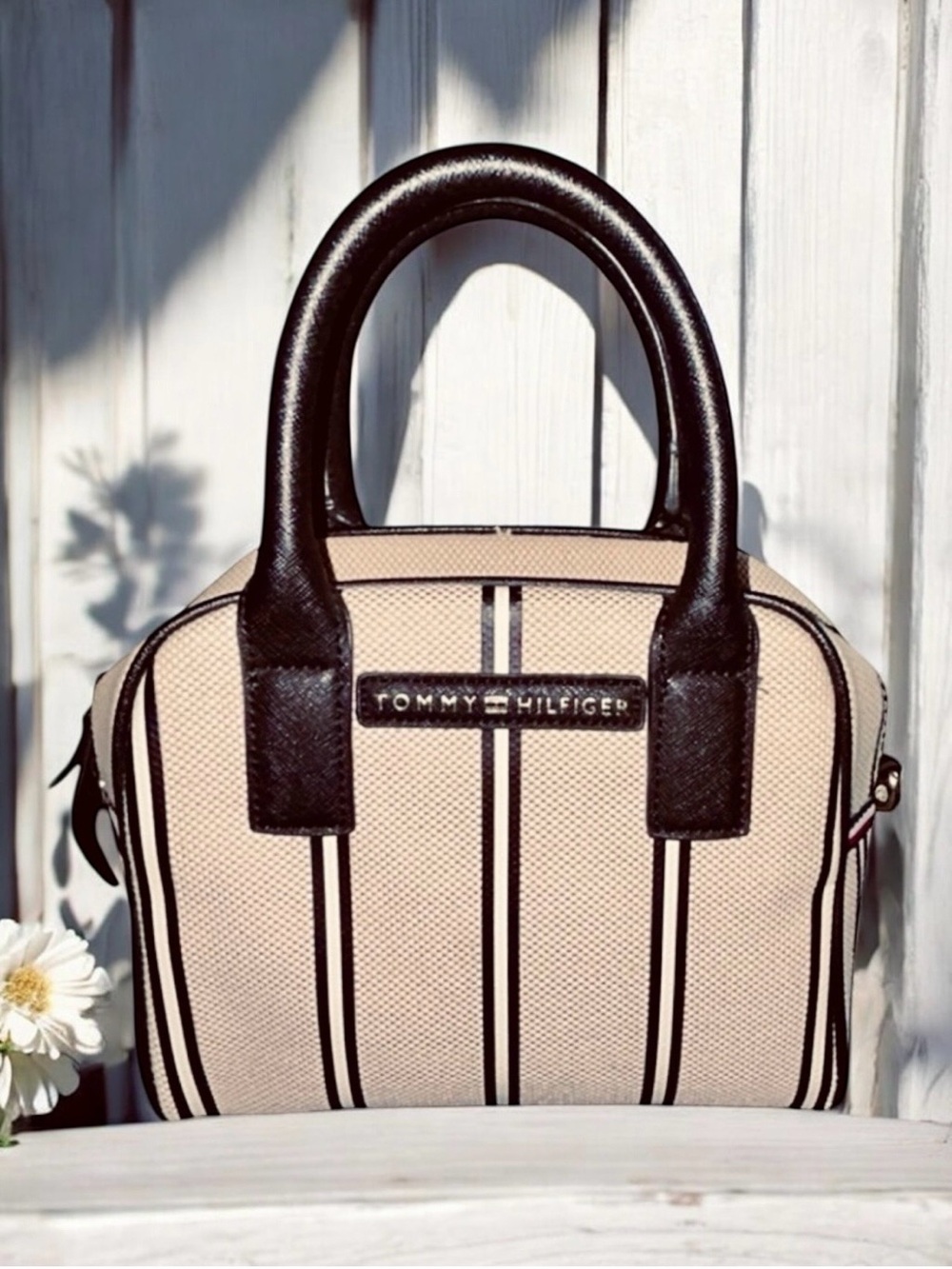 Tommy Hilfiger Mini Satchel in Black and Cream Stripes